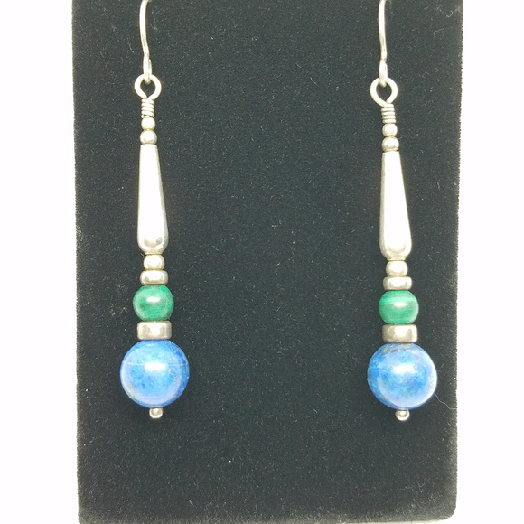 Sterling Silver Blue Agate & Green Stone Earrings - Picture 2 of 4